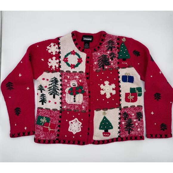 Christmas‎ Womens Chunky Red Themed Cardigan Small - Picture 2 of 4